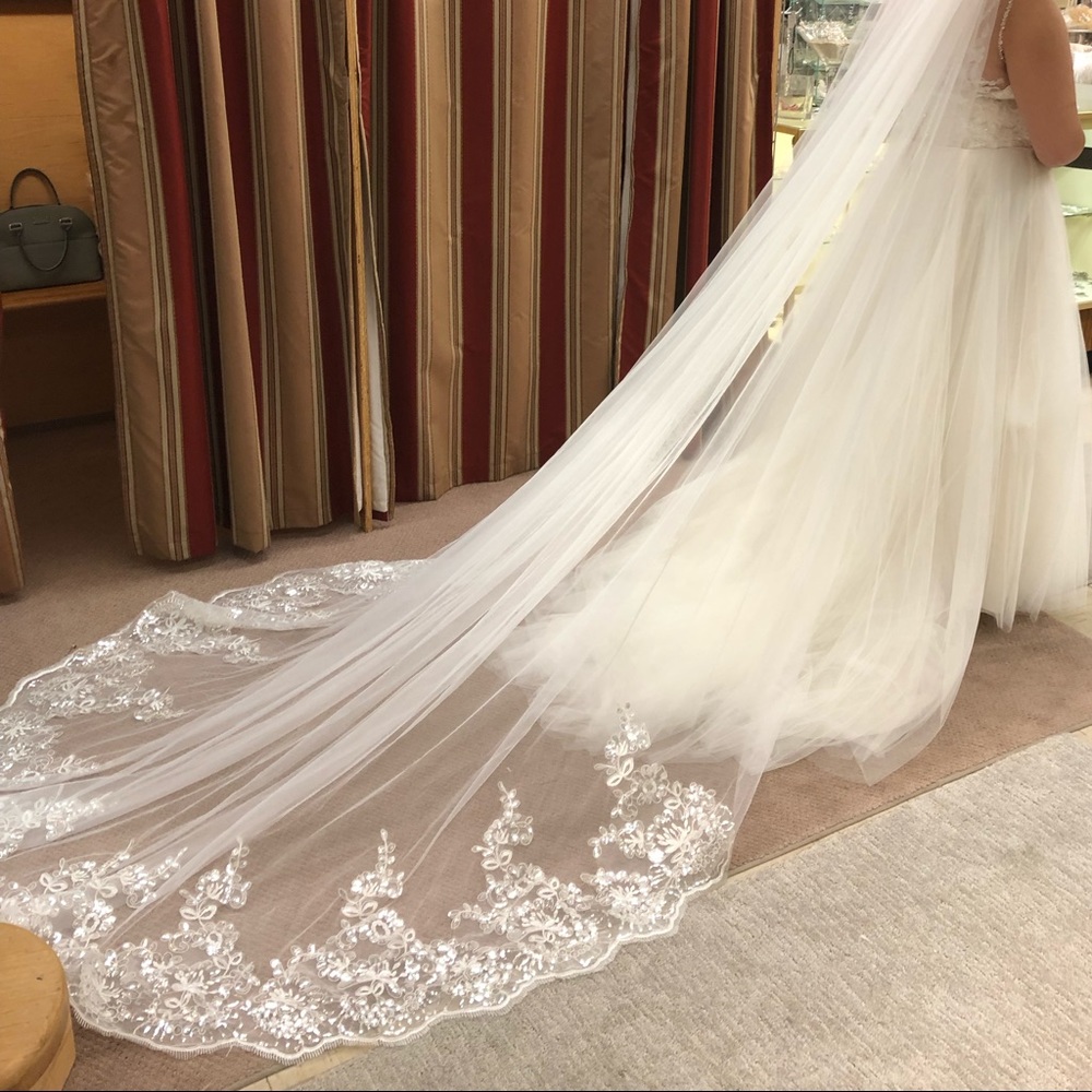 Cathedral length veil with lace and clear sequins